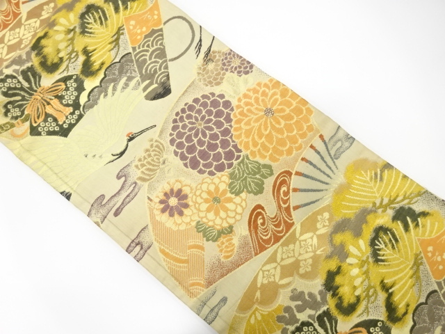 JAPANESE KIMONO / ANTIQUE NAGOYA OBI / WOVEN CRANE WITH PINE & KIKU